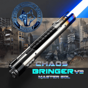 Futuristic VR weapon labeled 'Chaos Bringer VR Master XP' with a glowing blue energy blade.