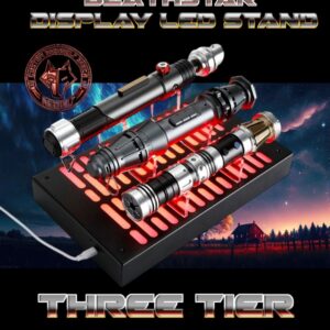 A detailed, futuristic weapon labeled 'Three Tier' with glowing elements and text overlays.