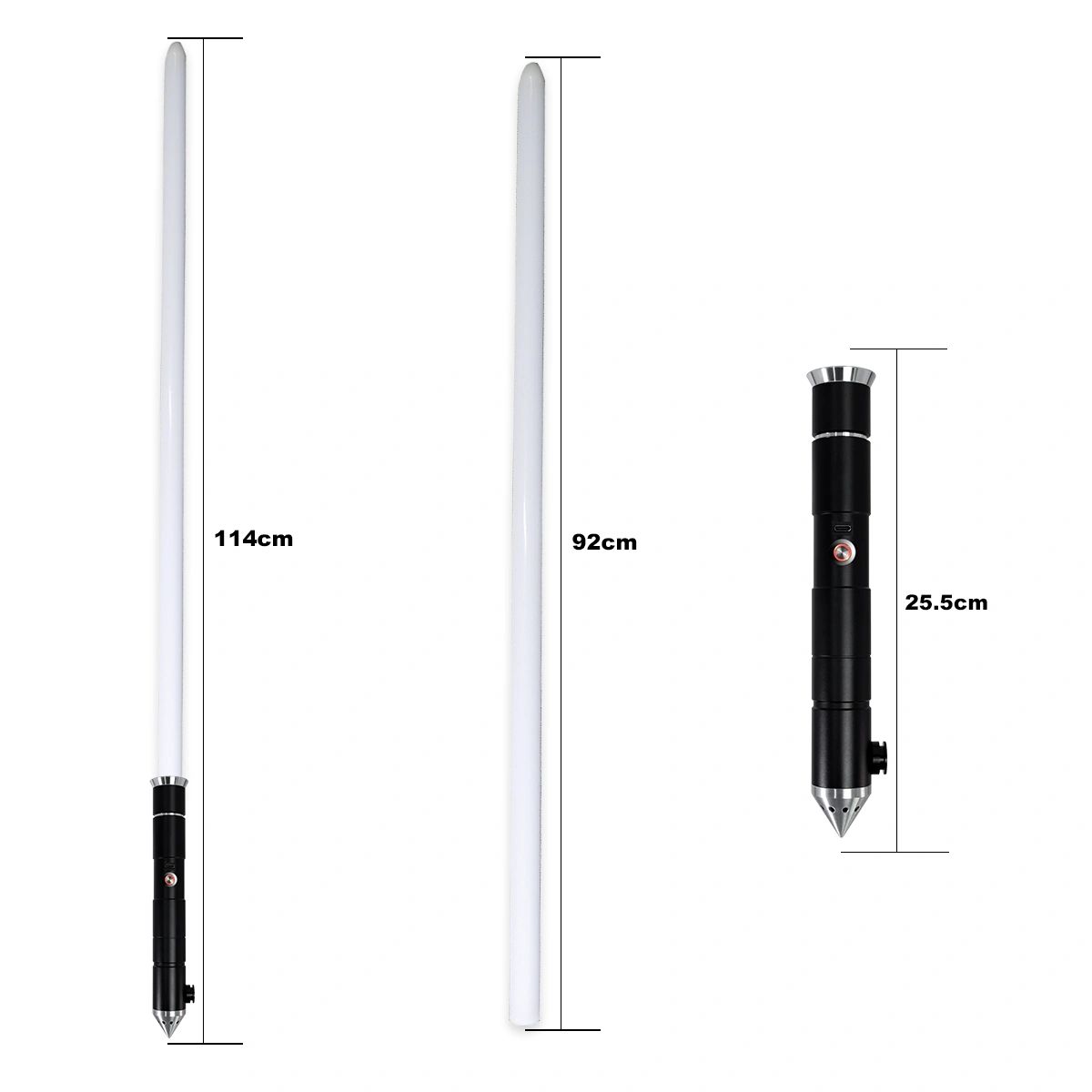 Three black and white stylus pens of varying lengths with measurements.