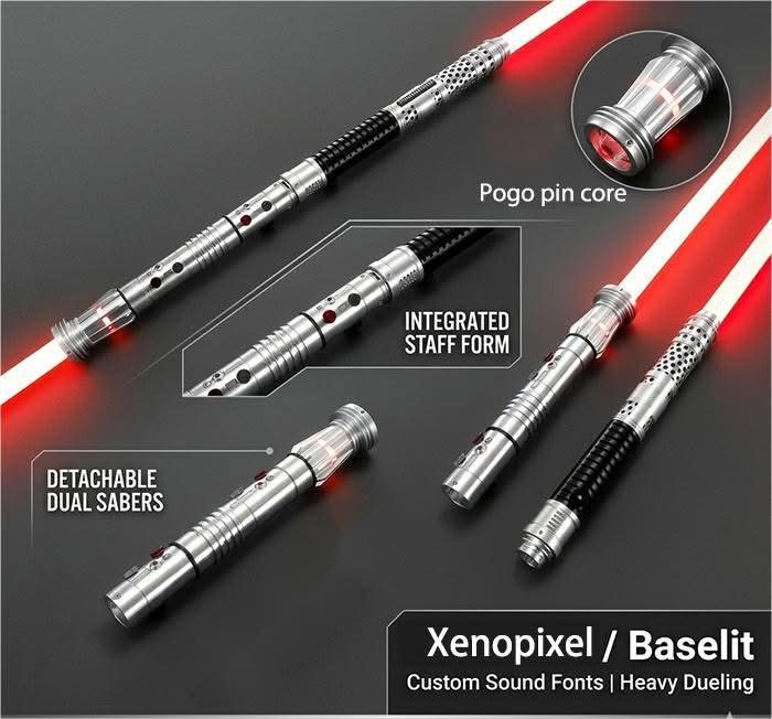 Custom lightsaber hilts with detachable dual shells and integrated stencils.