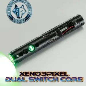 Xeno32Pixel Dual Switch Core flashlight with green light beam.