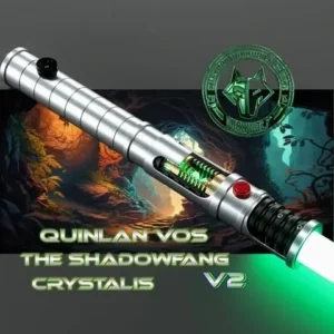 A detailed lightsaber labeled Quinlan Vos The Shadowfang Crystalsaber V2.