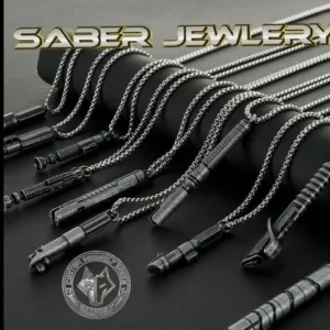 A collection of sleek black saber jewelry pieces with intricate designs.
