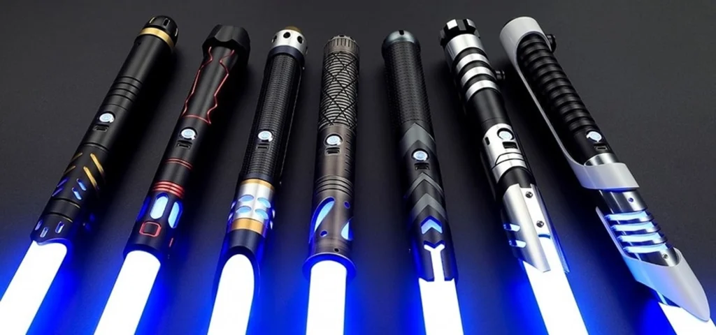 A lineup of six glowing blue lightsabers with unique hilts.