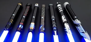 A lineup of six glowing blue lightsabers with unique hilts.