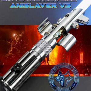 A detailed silver lightsaber with a red blade ignited against a fiery background.