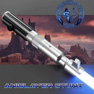 A futuristic silver and black weapon against a rocky desert backdrop.