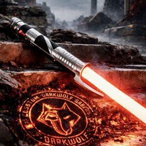 A glowing red lightsaber rests on a stone surface with a dark wolf emblem.