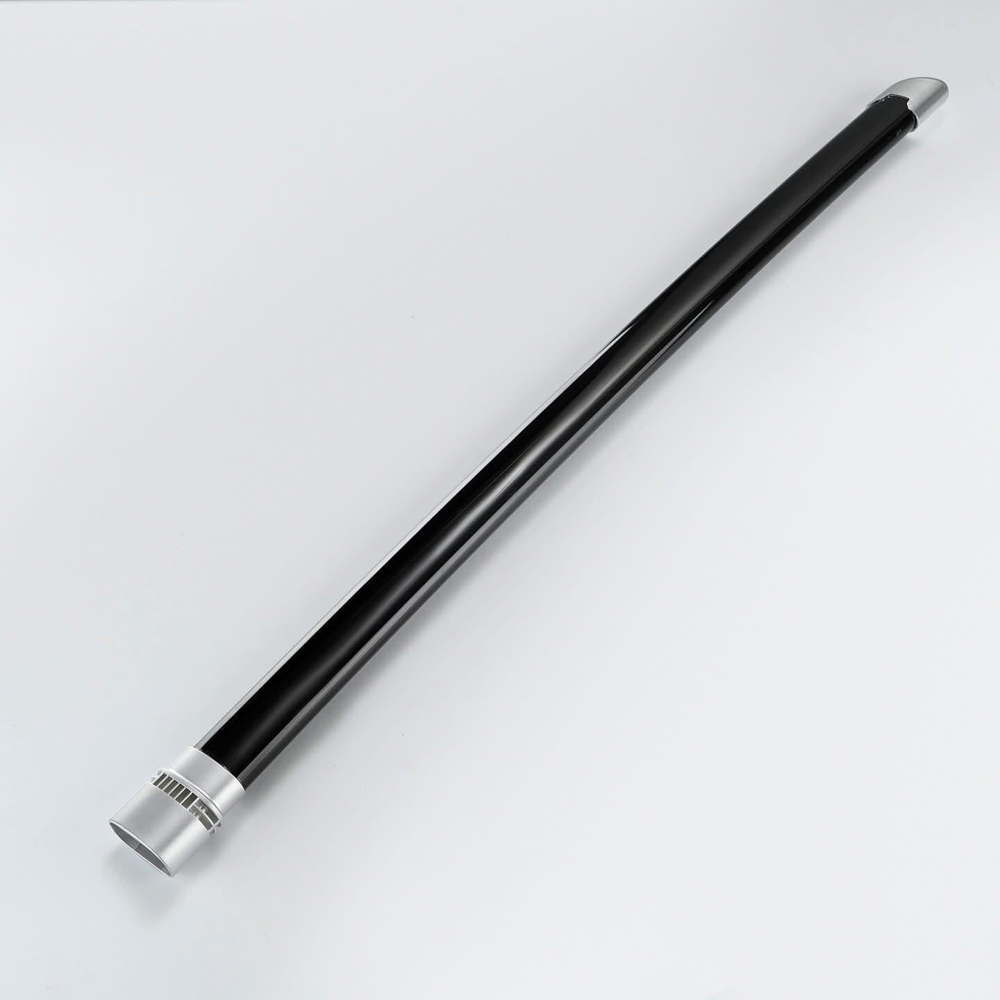 Black flexible hose with metallic connectors on both ends.