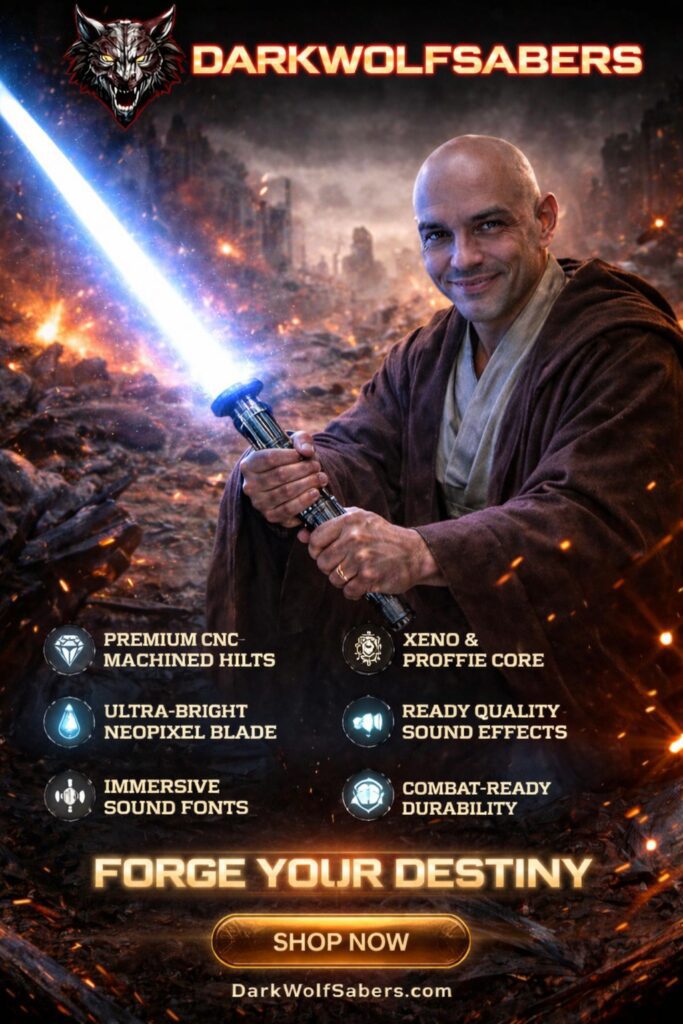 best neopixel lightsaber for sale blue blade cinematic darkwolfsabers warrior holding saber in apocalyptic background