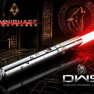 OmniPhase Xeno V3 Neopixel Lightsaber displayed on a dark futuristic surface with premium metallic hilt design, precision-cut detailing, and glowing illuminated blade, showcasing advanced adaptive dueling saber technology with cinematic lighting effects.