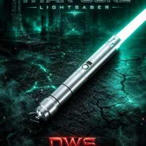 Ultra photorealistic Titan Core lightsaber with glowing green blade resting on cracked obsidian ground in ancient guardian temple ruins with cinematic lighting and smoke