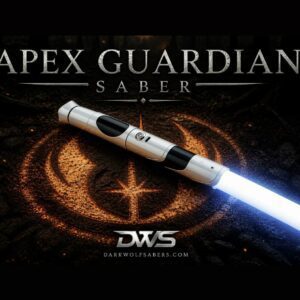 Apex Guardian Saber lightsaber resting on a burned Old Republic symbol in a cinematic apocalyptic forest, glowing blue blade illuminating scorched ground with embers and smoke, ultra photorealistic 4K product showcase.