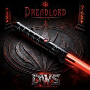 Dreadlord Crimson Lightsaber glowing red blade on dark metallic surface