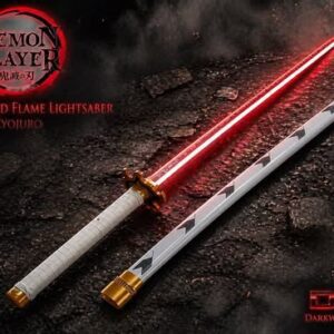 Red flame lightsaber on dark rocky ground with cinematic smoke effects