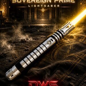 Sovereign Prime lightsaber glowing with customizable RGB pixel blade in cinematic dark environment