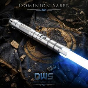 Dominion Saber blue lightsaber resting on ancient Jedi cloth with metallic debris cinematic 4K scene