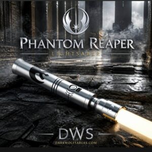Phantom Reaper lightsaber with glowing golden blade resting in ancient Jedi temple ruins with mist and cinematic lighting