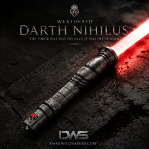 Weathered Darth Nihilus Lightsaber in cinematic dark side atmosphere glowing red RGB blade with Sith Lord inspired design and dramatic lighting