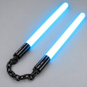 Black lightsaber nunchucks with cyan illuminated blades and a connecting chain on a neutral background.